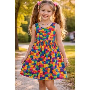 90s Vintage Girls Handmade Cat Dress Novelty Rainbow Corduroy Sleeveless Sz 8/10
